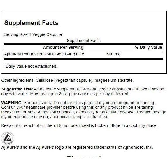 Swanson L-Arginina Grado Farmacéutico 500mg 60 Cápsulas Veganas