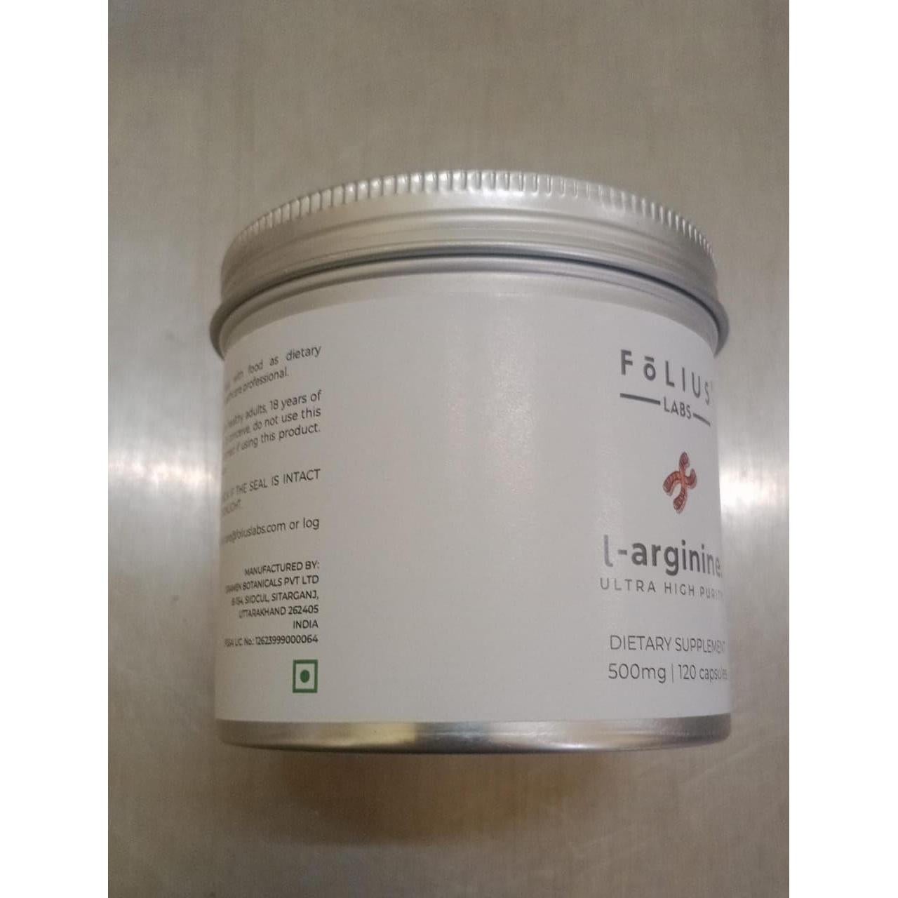 Suplemento L-Arginina 1000mg Folius Labs 120 Cápsulas Veganas