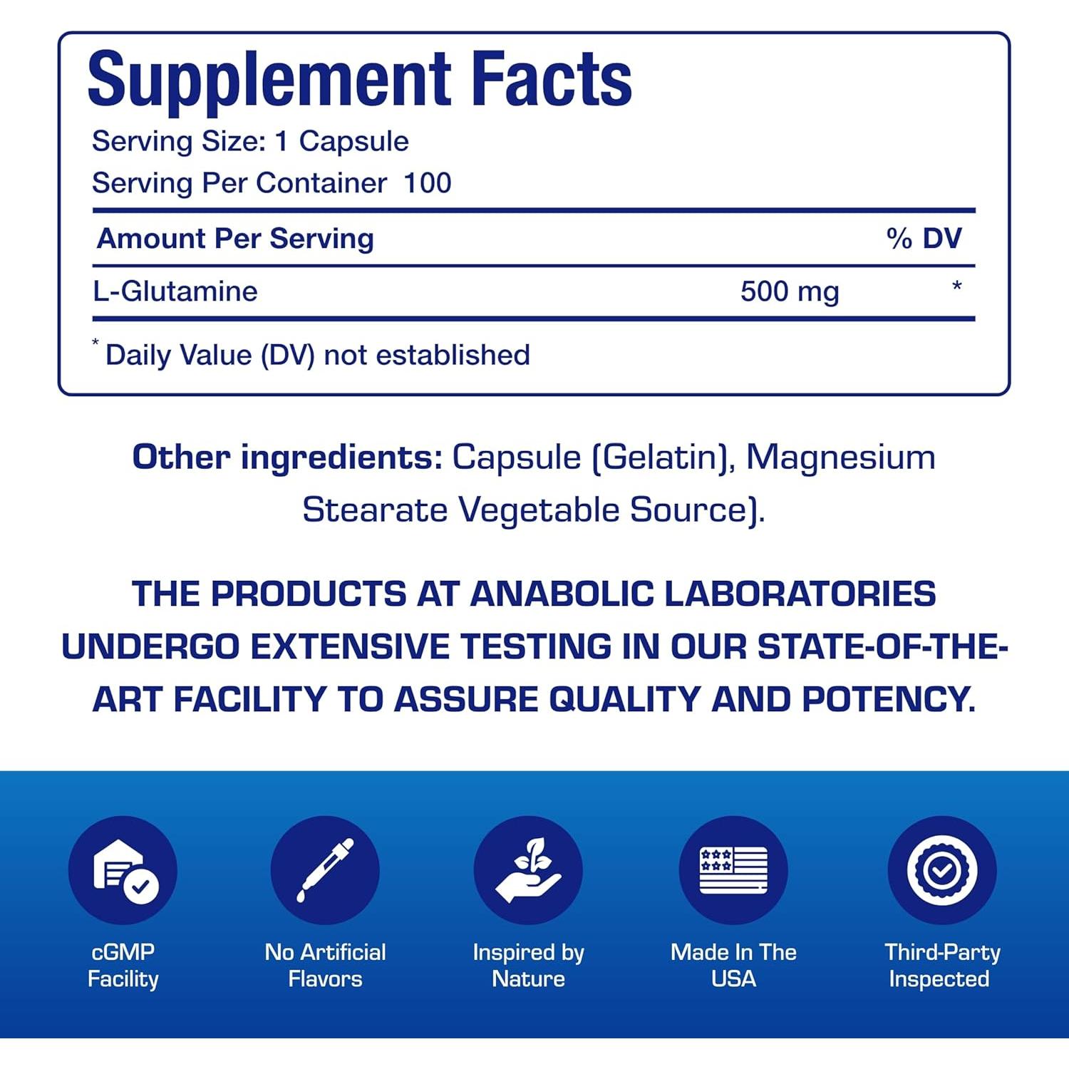 Suplemento L-Glutamina Anabolic Laboratories 500mg 100 Cápsulas