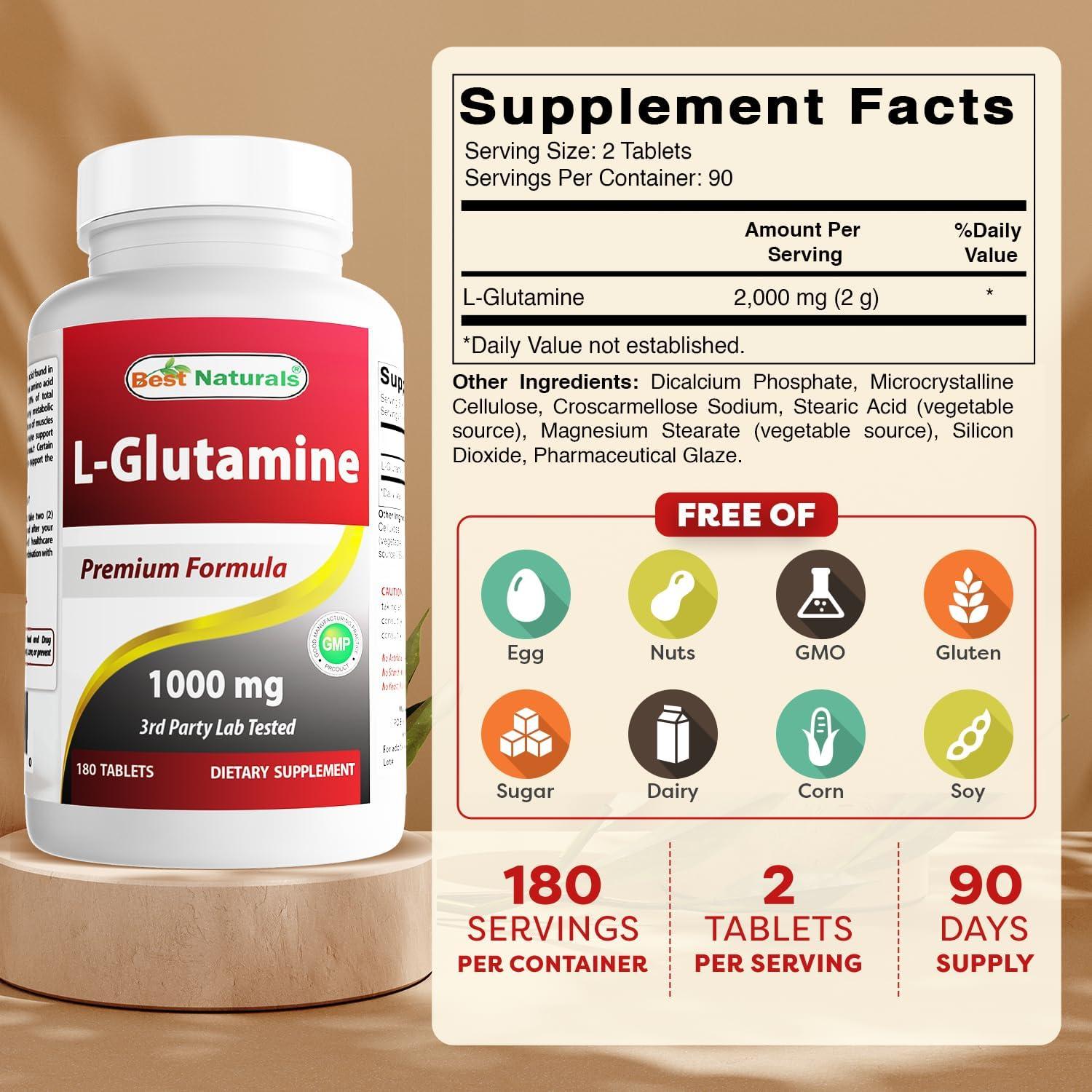 L-Glutamina 1000mg Mejores Naturales 180 Tabletas No-OGM