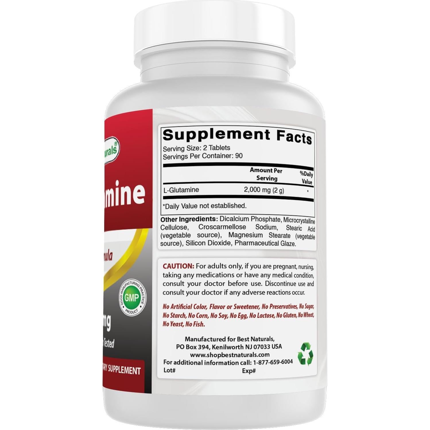 L-Glutamina 1000mg Mejores Naturales 180 Tabletas No-OGM