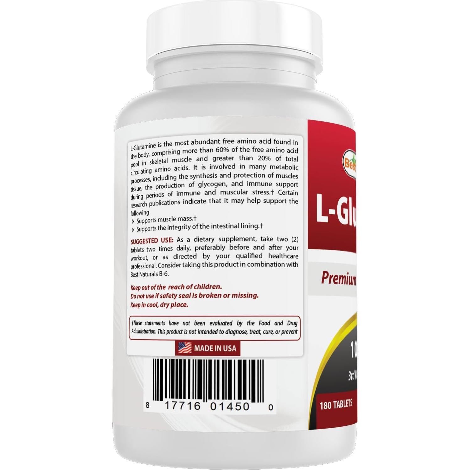 L-Glutamina 1000mg Mejores Naturales 180 Tabletas No-OGM