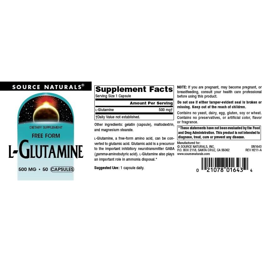 L-Glutamina Source Naturals 500mg - 50 Cápsulas