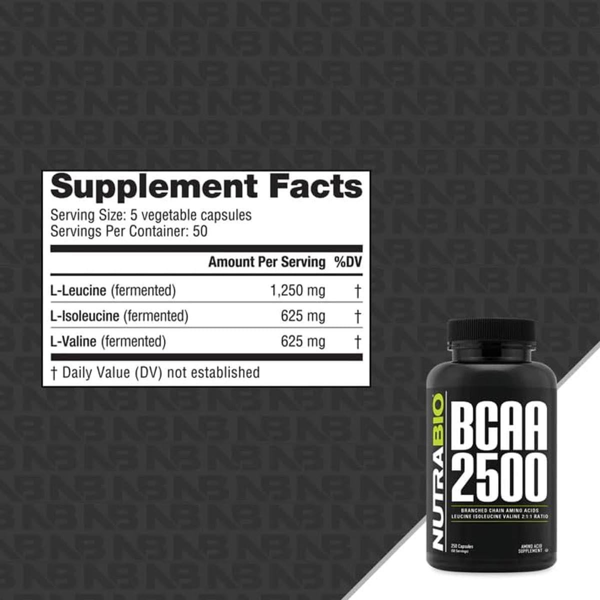 NutraBio BCAA 2500 - Aminoácidos Ramificados 250 Cápsulas