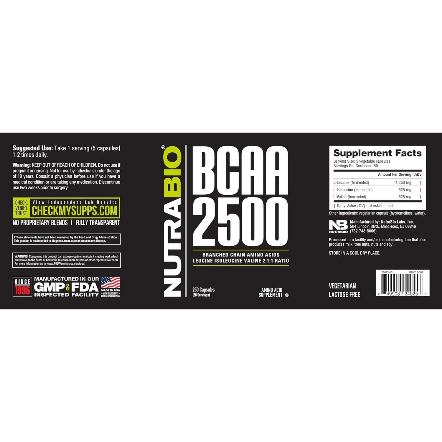 NutraBio BCAA 2500 - Aminoácidos Ramificados 250 Cápsulas