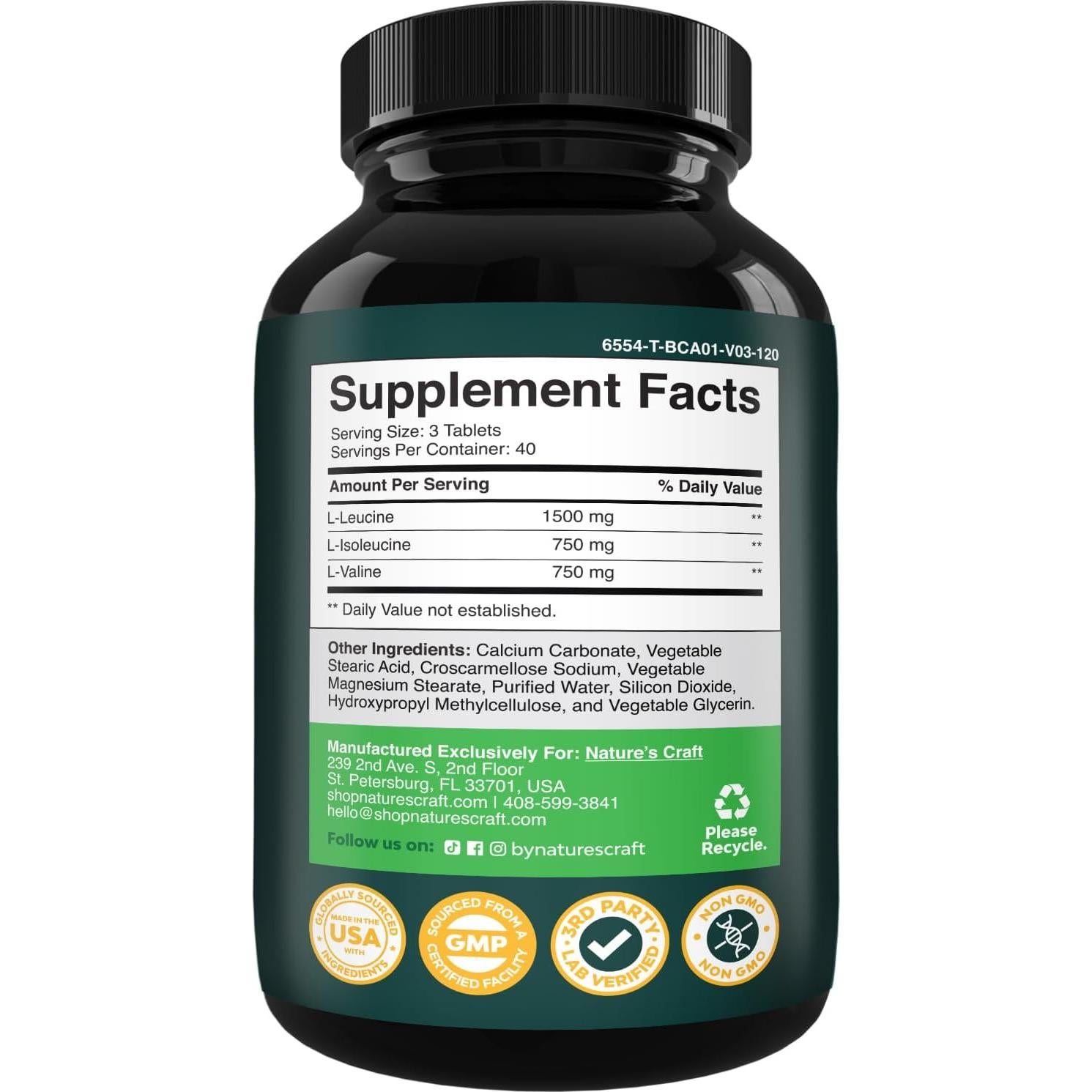 Suplemento BCAA Vegano Natures Craft 120 Tabletas 3000mg