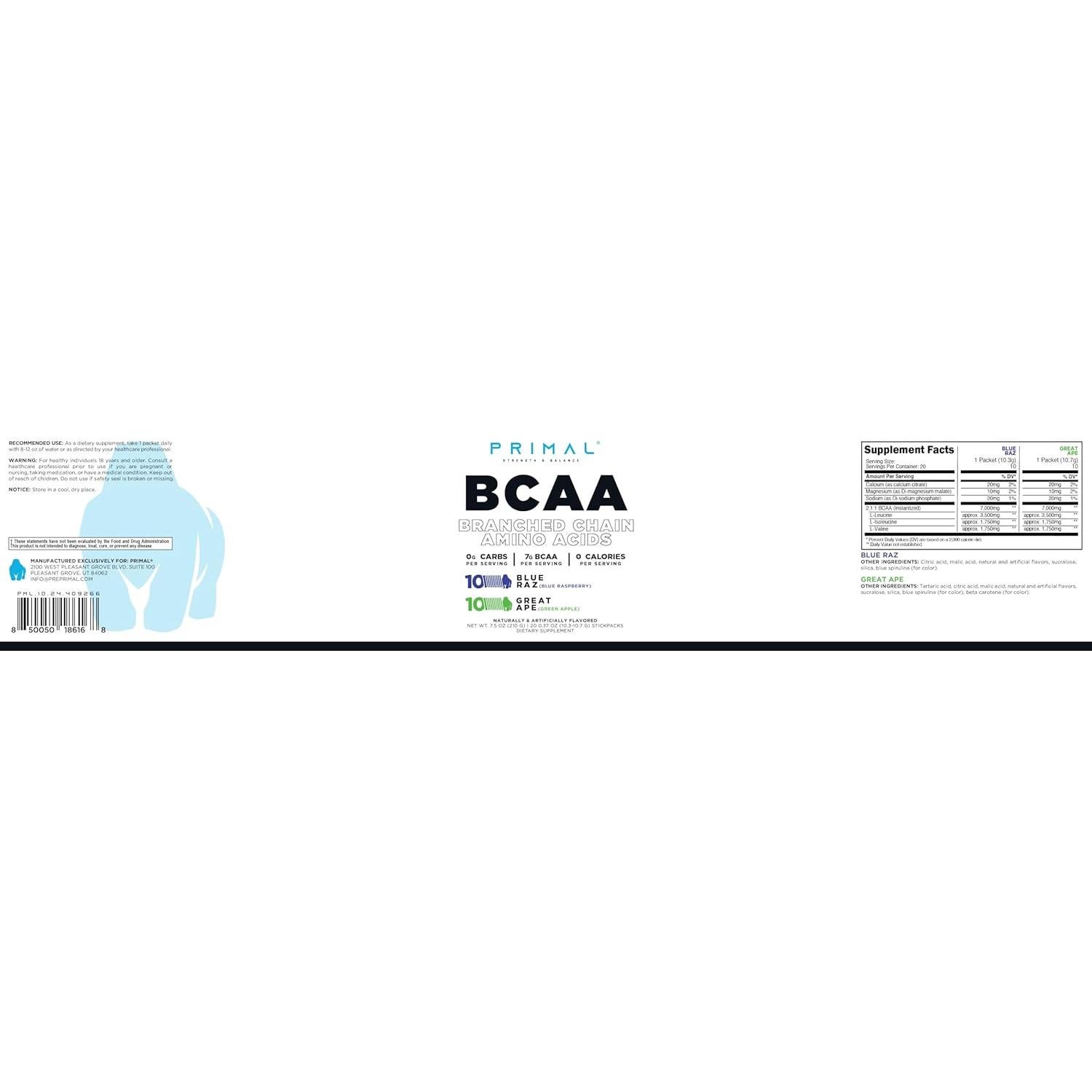 Paquete Variedad BCAA Primal 20 Stickpacks 7g Sabor Frambuesa y Manzana