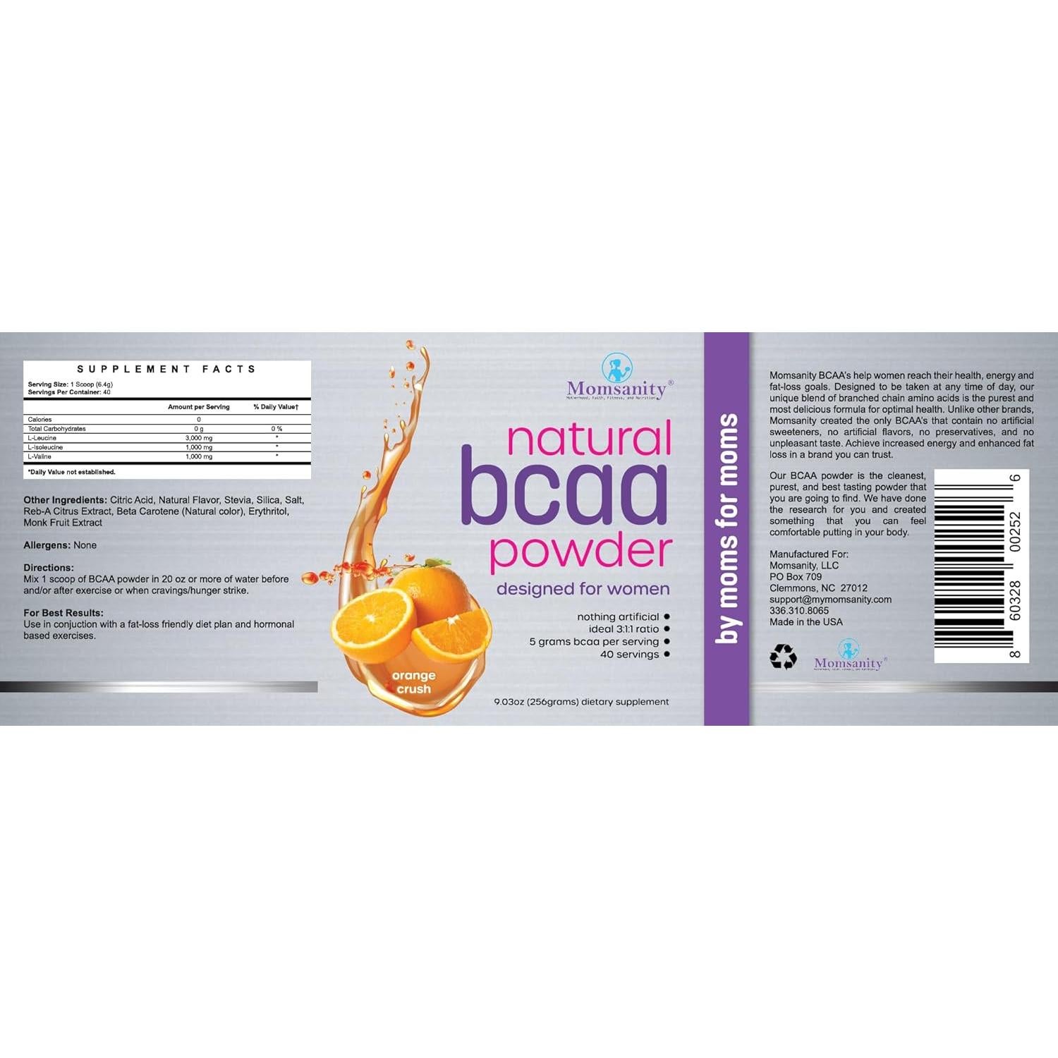 Polvo de BCAA Preentrenamiento Momsanity Naranja Crush 40 Porciones