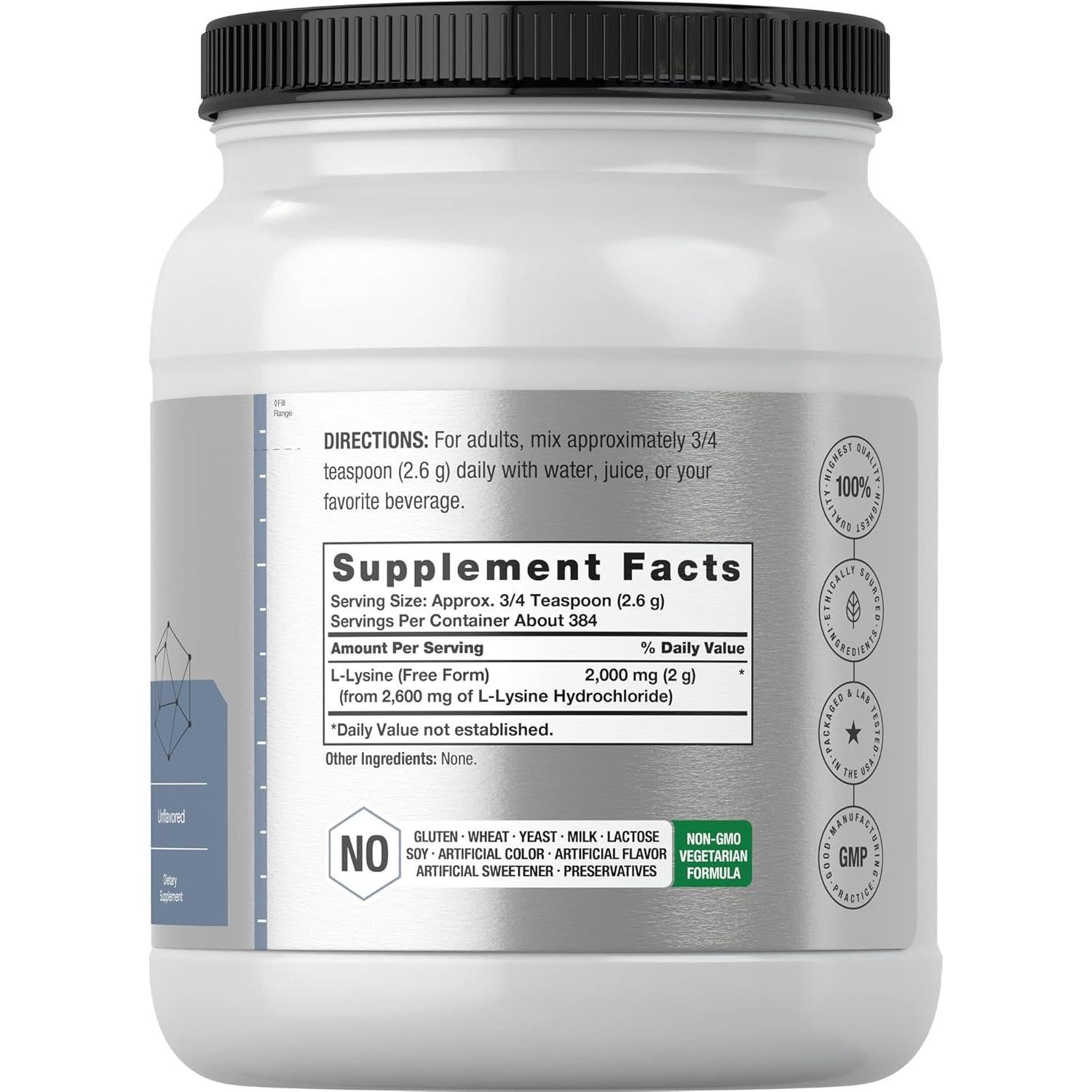 Polvo de L-Lisina Horbäach 1 kg | Suplemento Vegetariano Sin Gluten