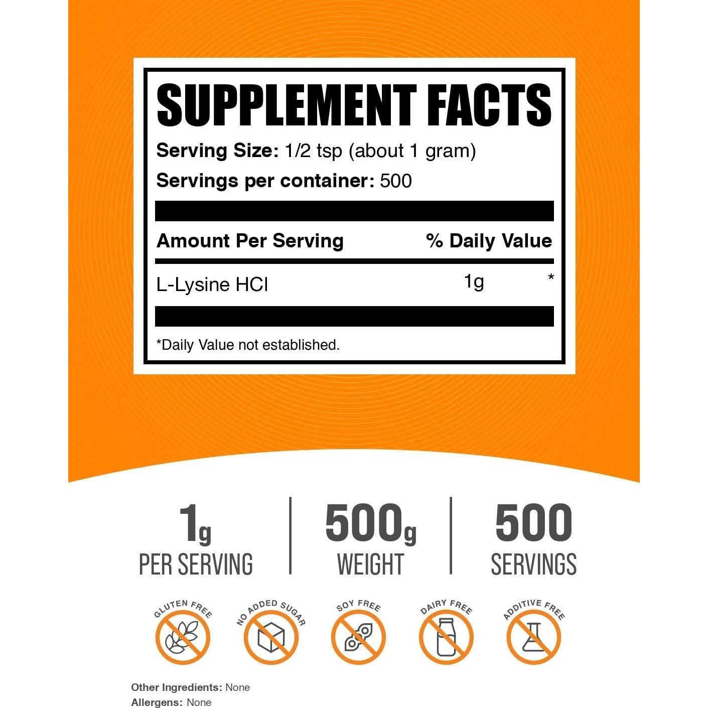 Polvo de L-Lisina BulkSupplements 500g - Suplemento Aminoácido