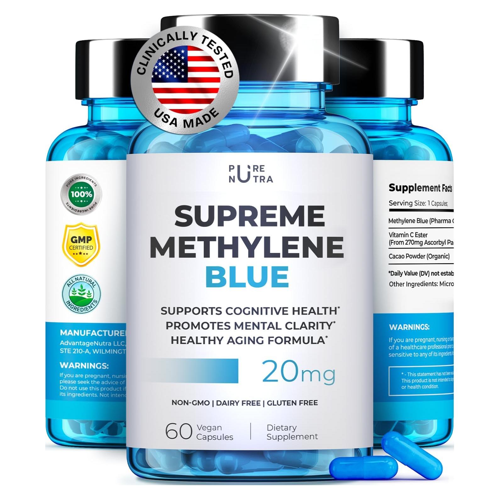 Cápsulas de Azul Metileno 20mg PureNutra - Suplemento Cognitivo