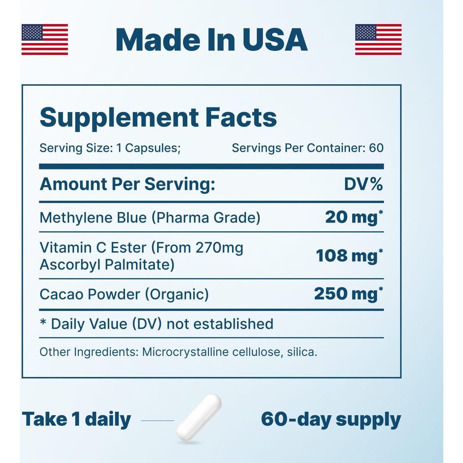 Cápsulas de Azul Metileno 20mg PureNutra - Suplemento Cognitivo