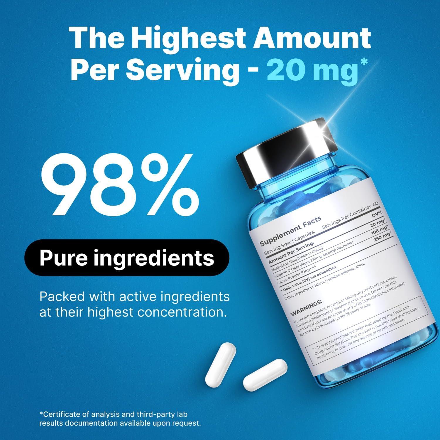 Cápsulas de Azul Metileno 20mg PureNutra - Suplemento Cognitivo