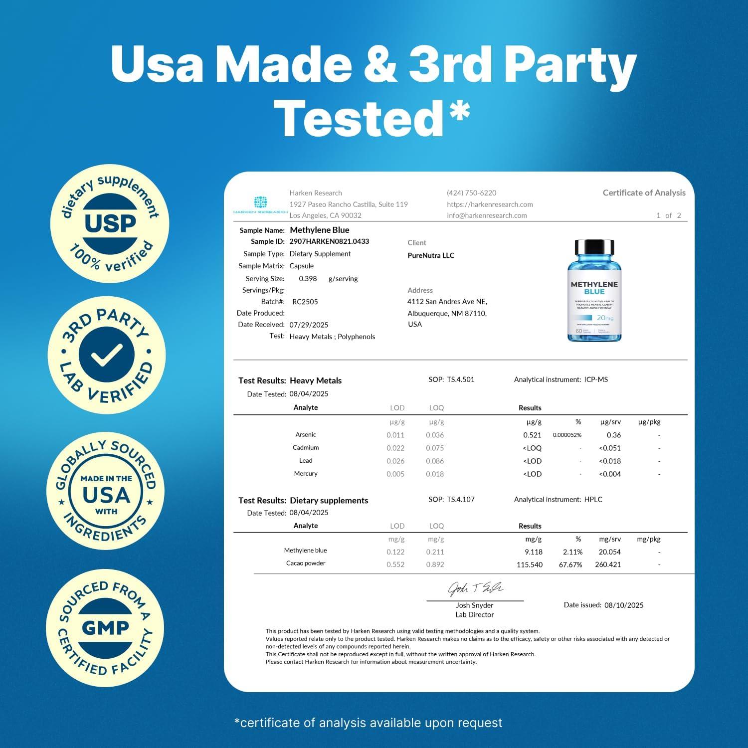 Cápsulas de Azul Metileno 20mg PureNutra - Suplemento Cognitivo