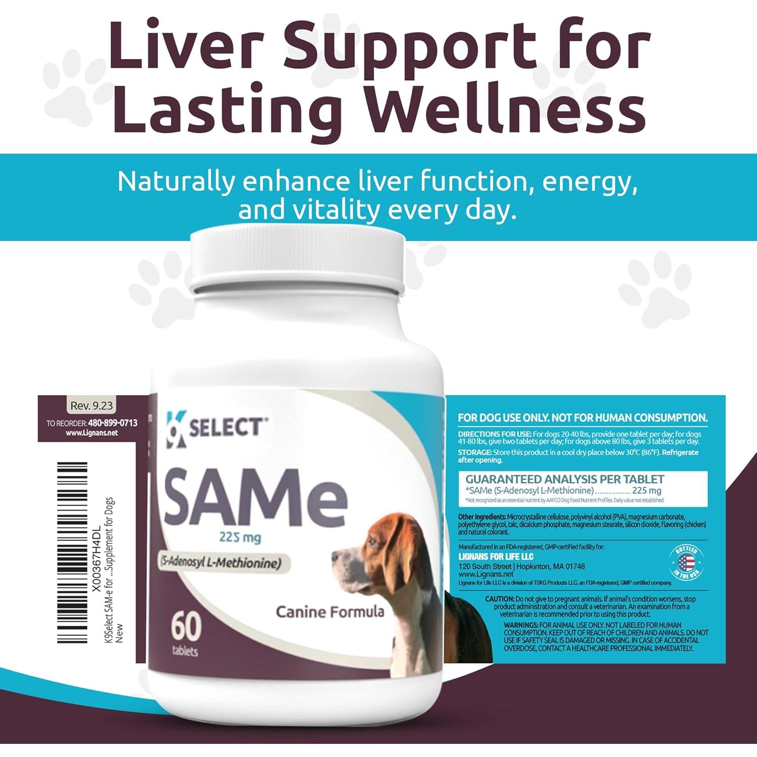 K9 Select SAM-e Suplemento Hepático para Perros 225mg 60 Tabletas
