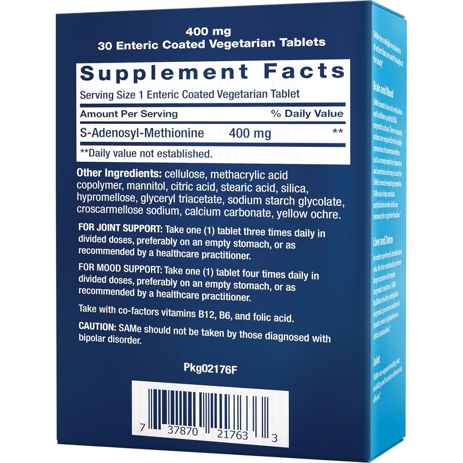 Suplemento SAMe Life Extension 400 mg, 30 Tabletas Sin Gluten