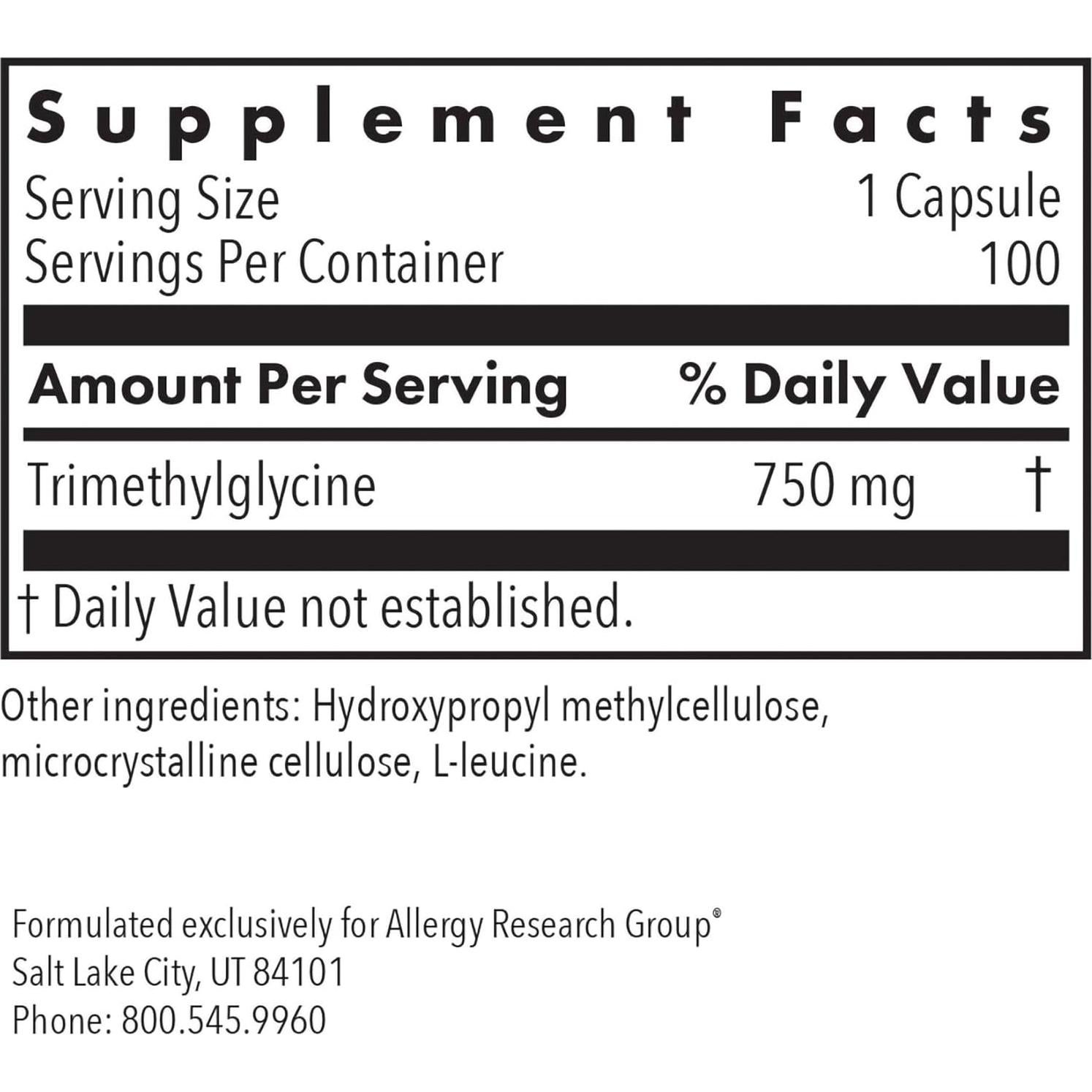 Suplemento Trimetilglicina TMG 750mg - Grupo Alergias 100 Cápsulas