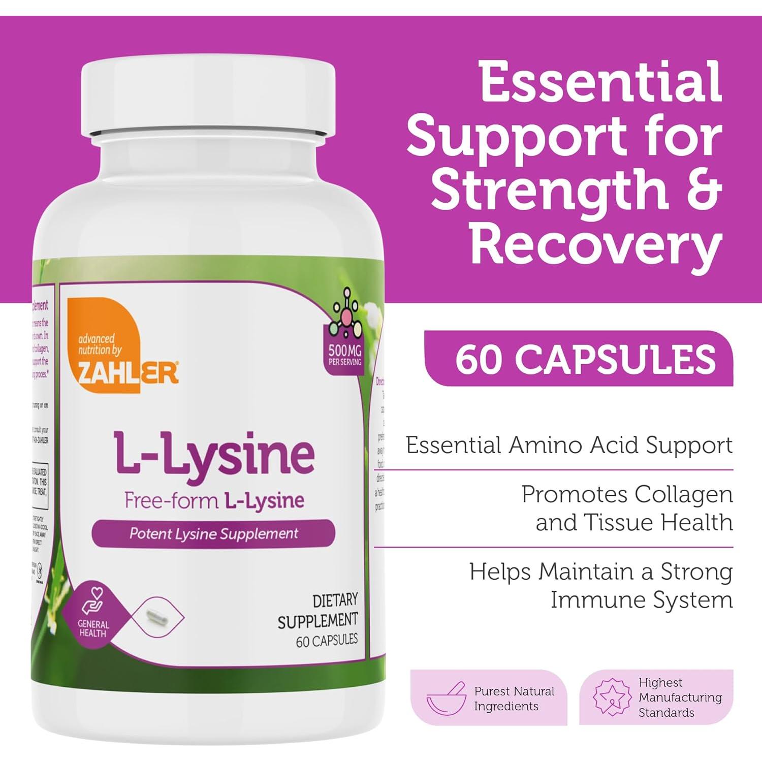 Suplemento L-Lisina 500mg Zahler - 60 Cápsulas Kosher