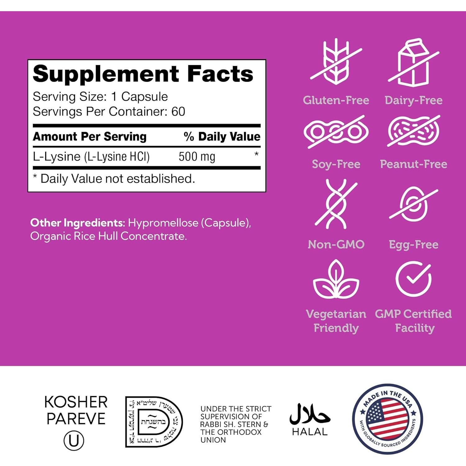 Suplemento L-Lisina 500mg Zahler - 60 Cápsulas Kosher