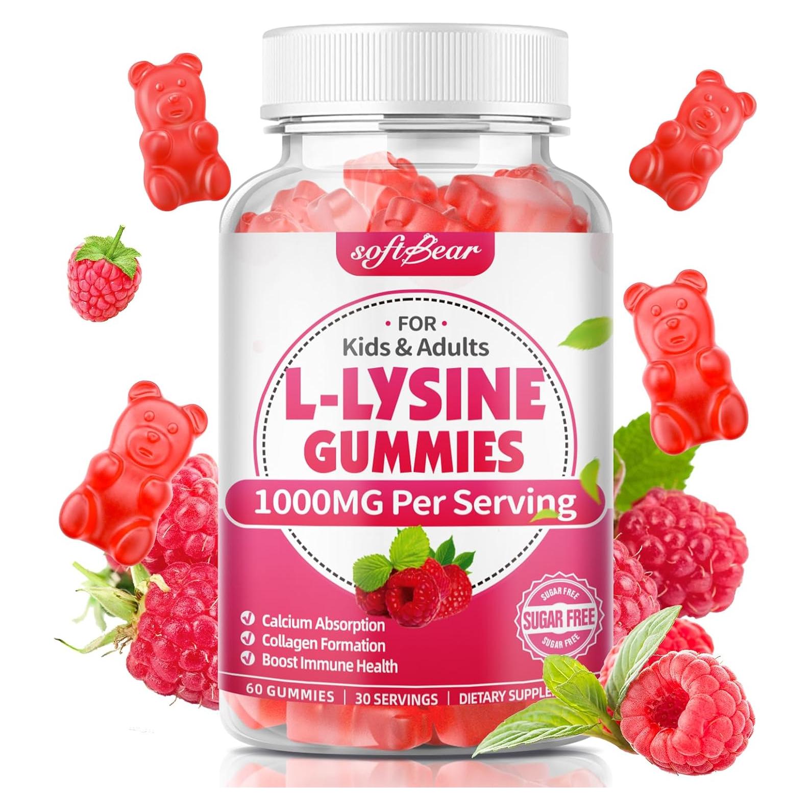 Gomitas de L-Lisina Softbear 1000mg Veganas Sabor Frambuesa 60 Unidades