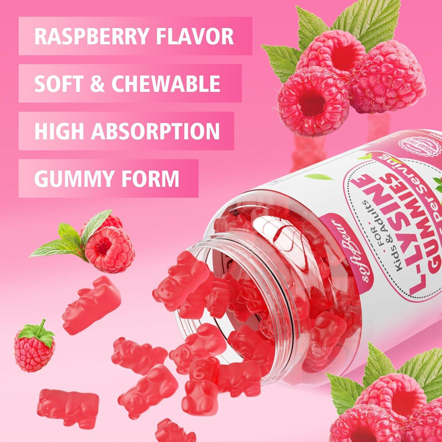 Gomitas de L-Lisina Softbear 1000mg Veganas Sabor Frambuesa 60 Unidades