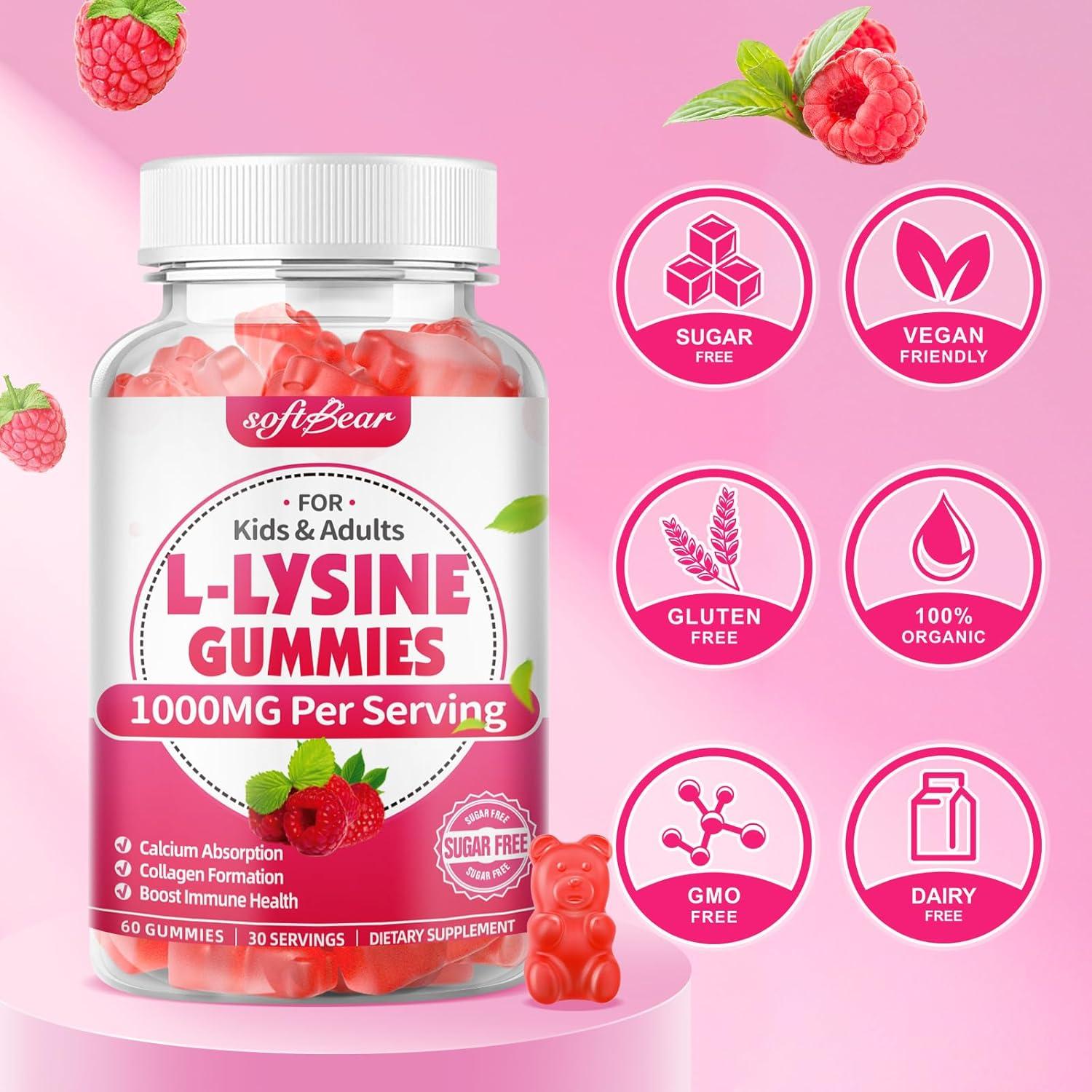Gomitas de L-Lisina Softbear 1000mg Veganas Sabor Frambuesa 60 Unidades