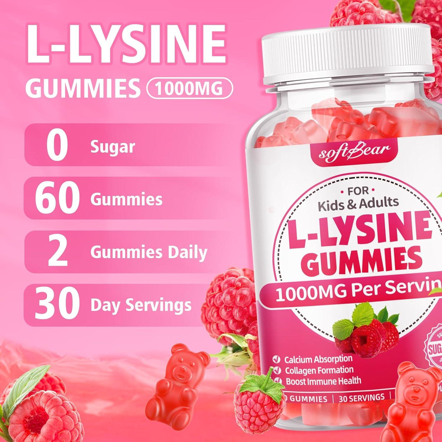 Gomitas de L-Lisina Softbear 1000mg Veganas Sabor Frambuesa 60 Unidades
