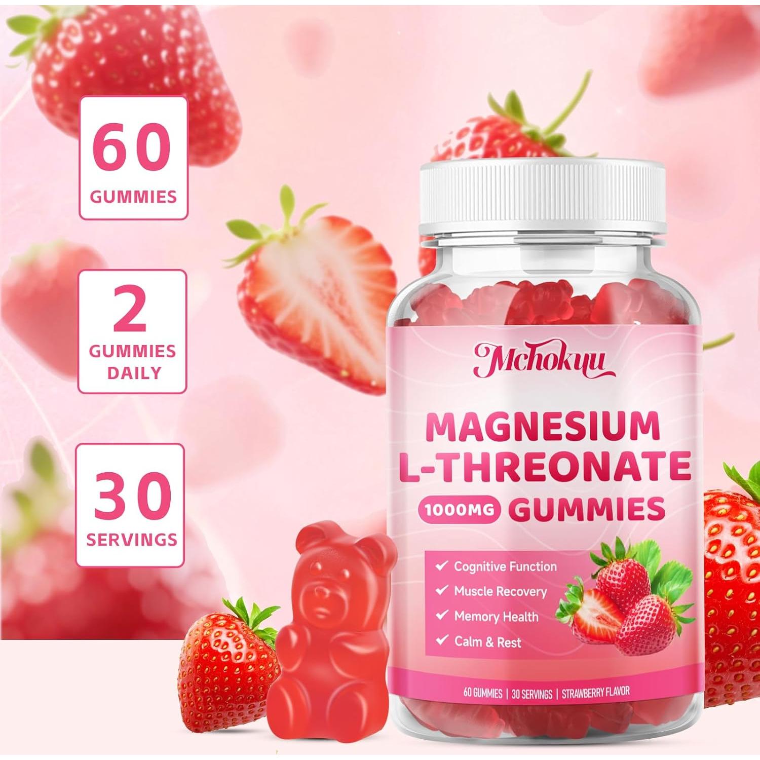 Gomitas de L-Treonato de Magnesio Mchokuu 1000mg Sabor Fresa 60 Unidades