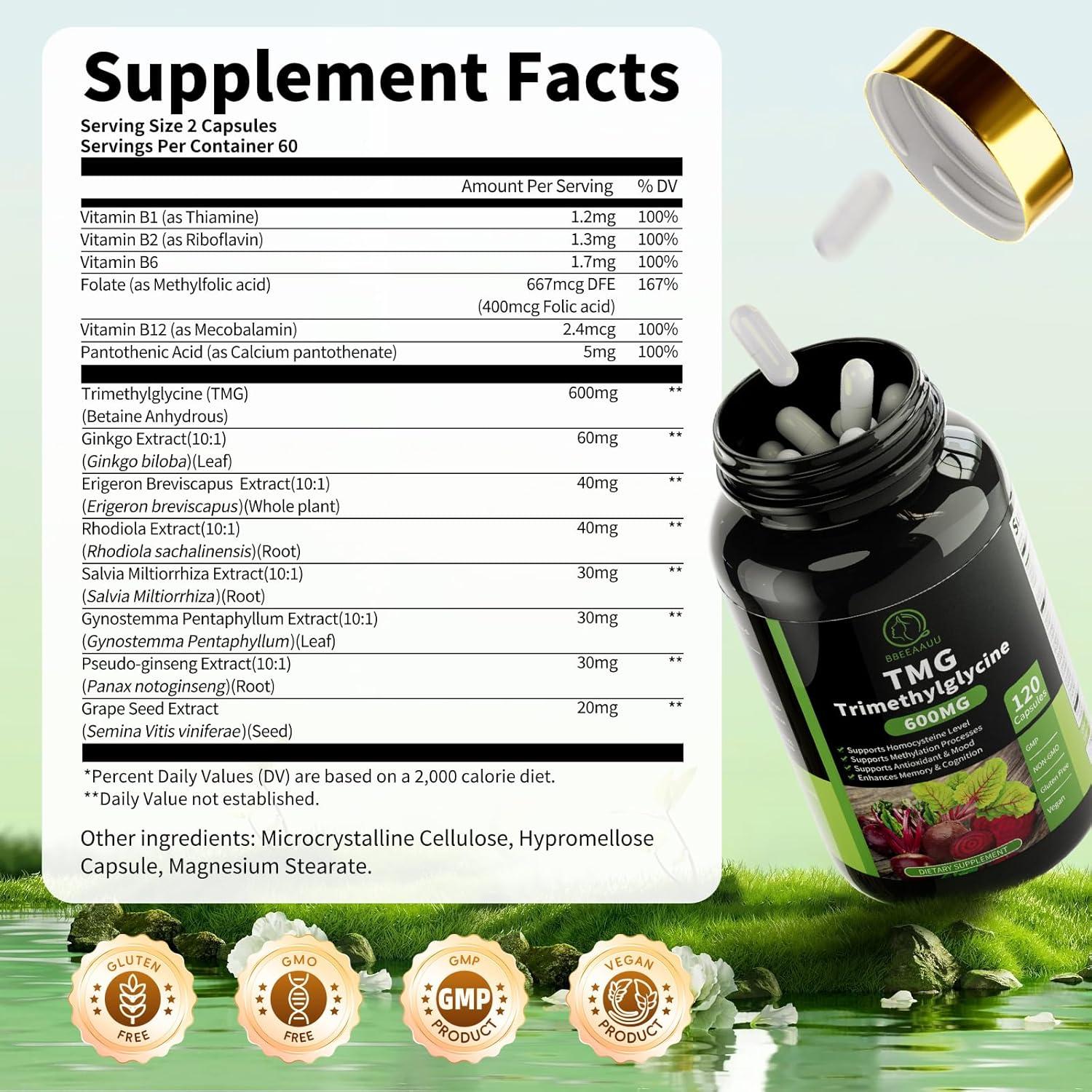 Cápsulas de TMG 600mg BBEEAAUU con Vitamina B6 y B12 - 120 Cuentas