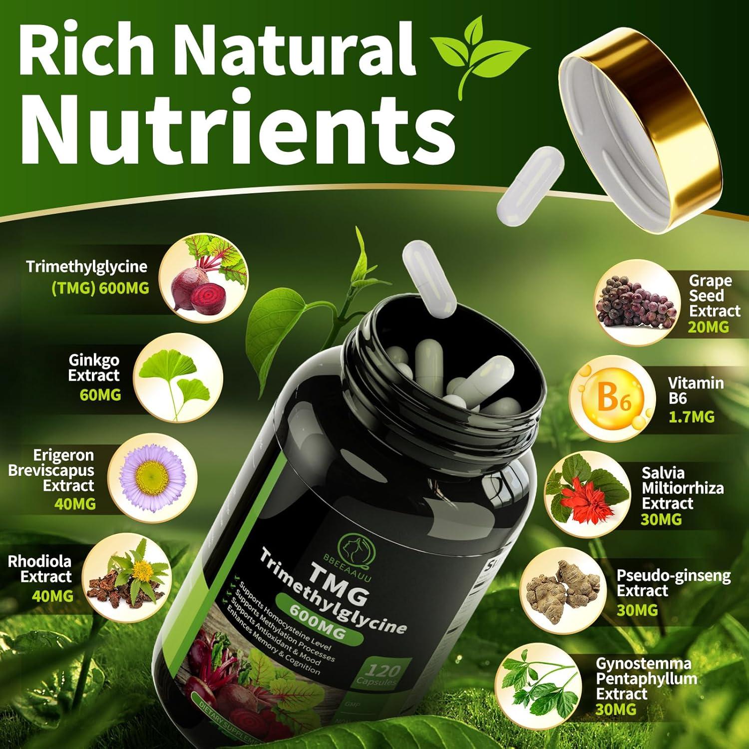 Cápsulas de TMG 600mg BBEEAAUU con Vitamina B6 y B12 - 120 Cuentas
