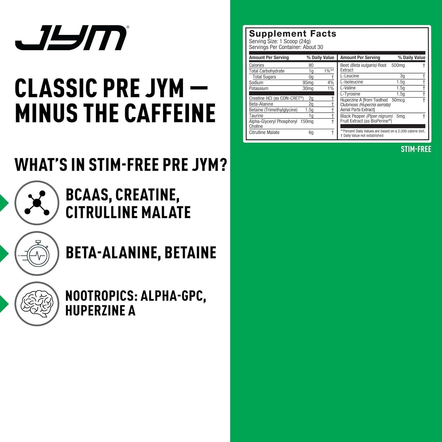 Pre JYM Sin Estimulantes Sandía Fresa 30 Porciones - Creatina, BCAA