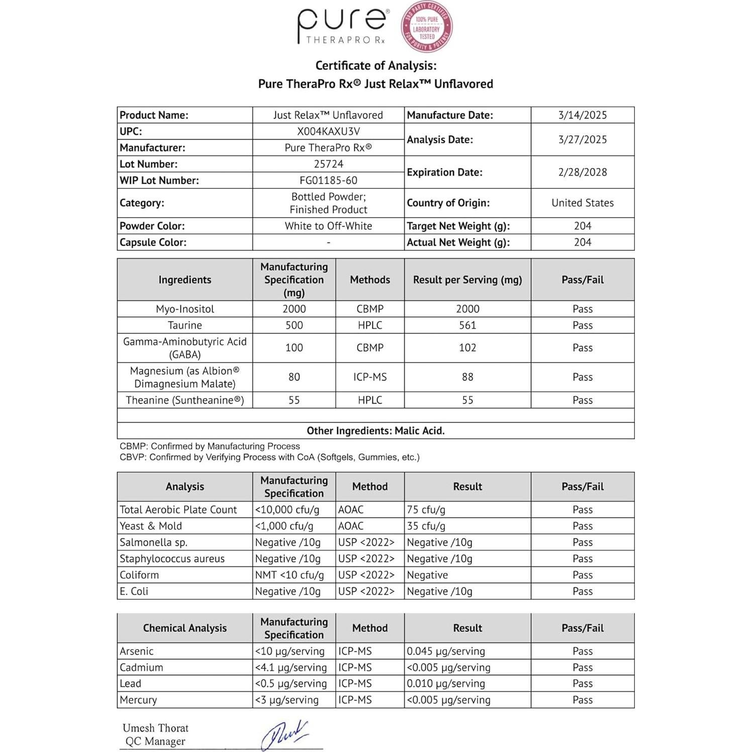 Suplemento Pure TheraPro Rx Just Relax 60 Porciones Sin Sabor