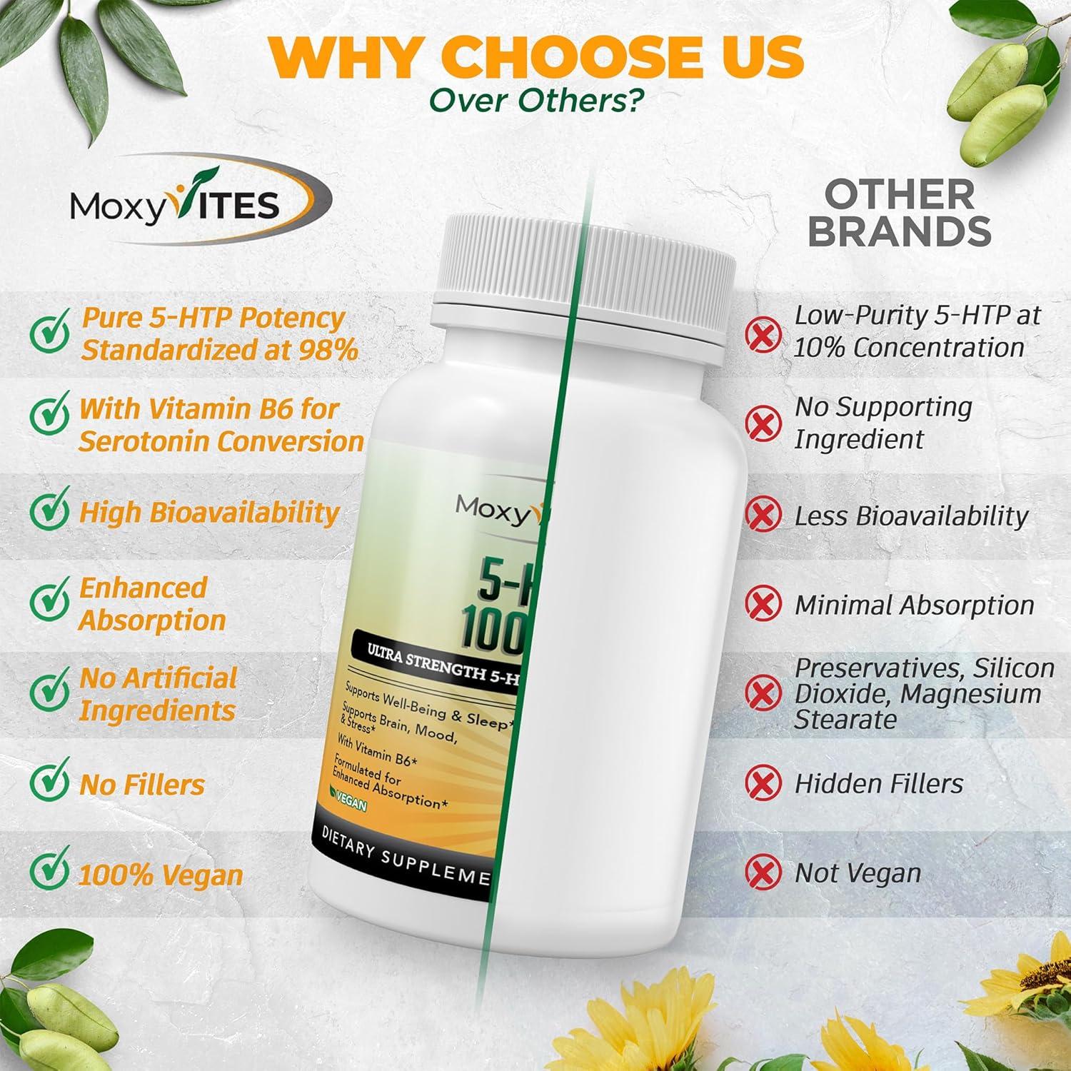 Suplemento 5-HTP MoxyVites 100mg con B6 - 120 Cápsulas Veganas