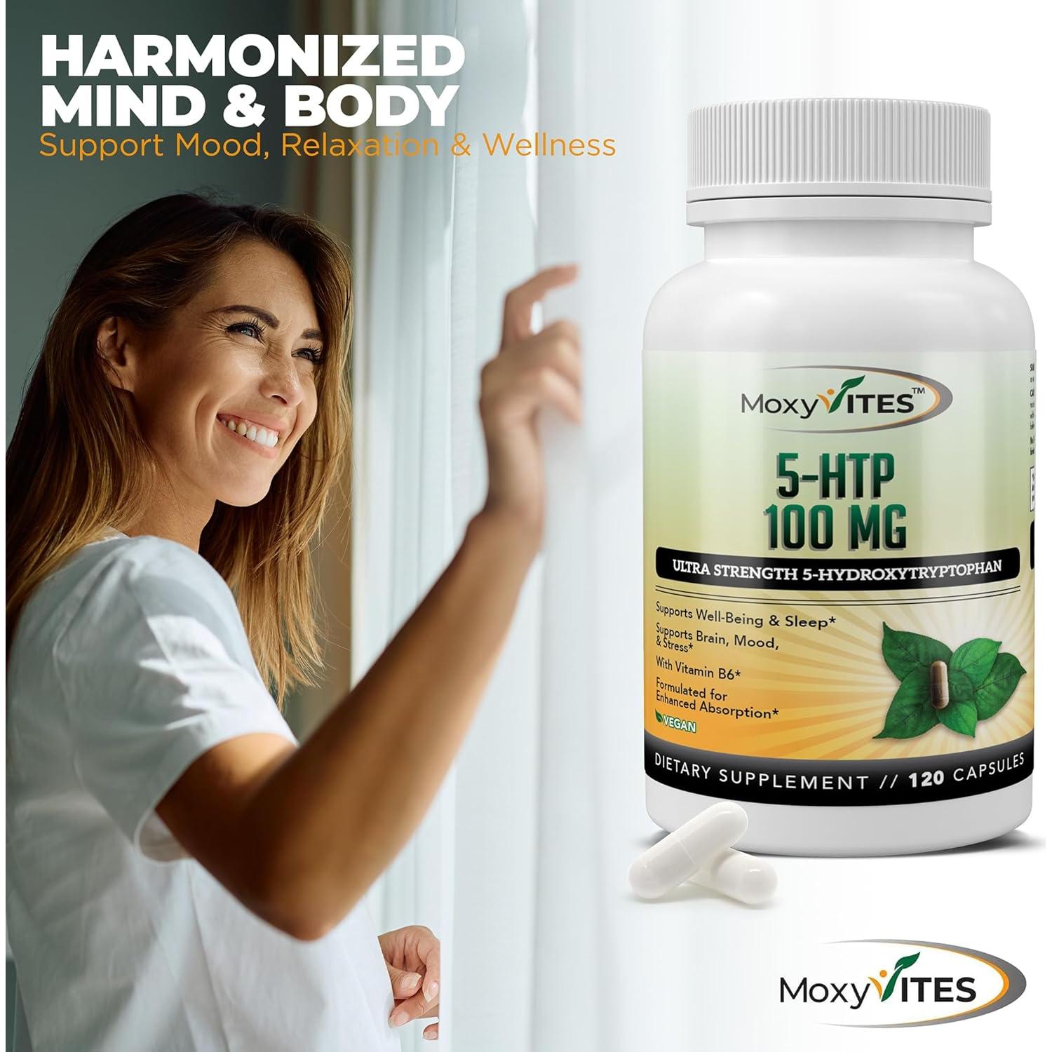 Suplemento 5-HTP MoxyVites 100mg con B6 - 120 Cápsulas Veganas