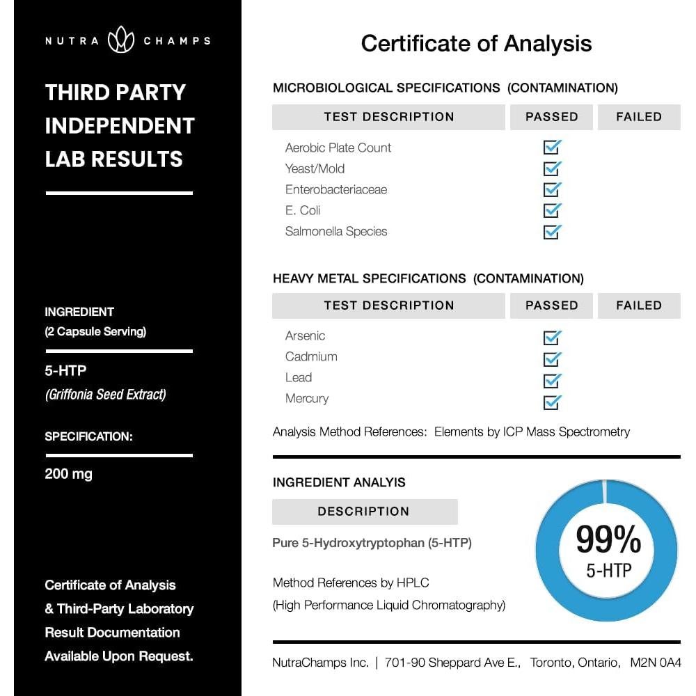 Suplemento 5-HTP NutraChamps 200mg 120 Cápsulas Veganas