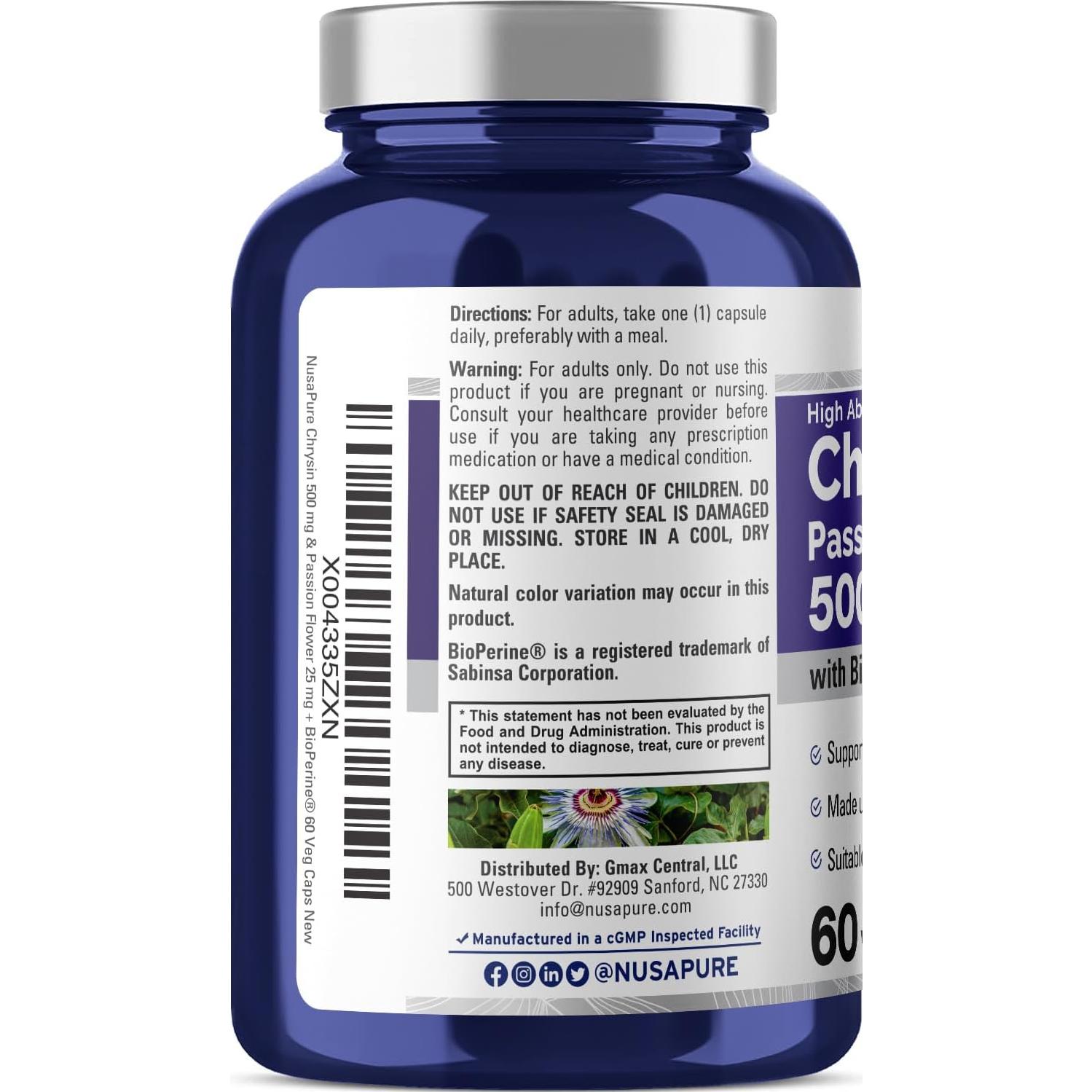 Suplemento Vegano NusaPure Chrysin 500mg - 60 Cápsulas