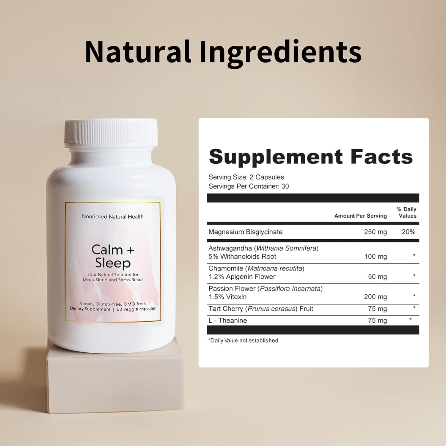 Cápsulas Calm + Sleep Nourished Natural - 60 Unidades con Ashwagandha y Magnesio