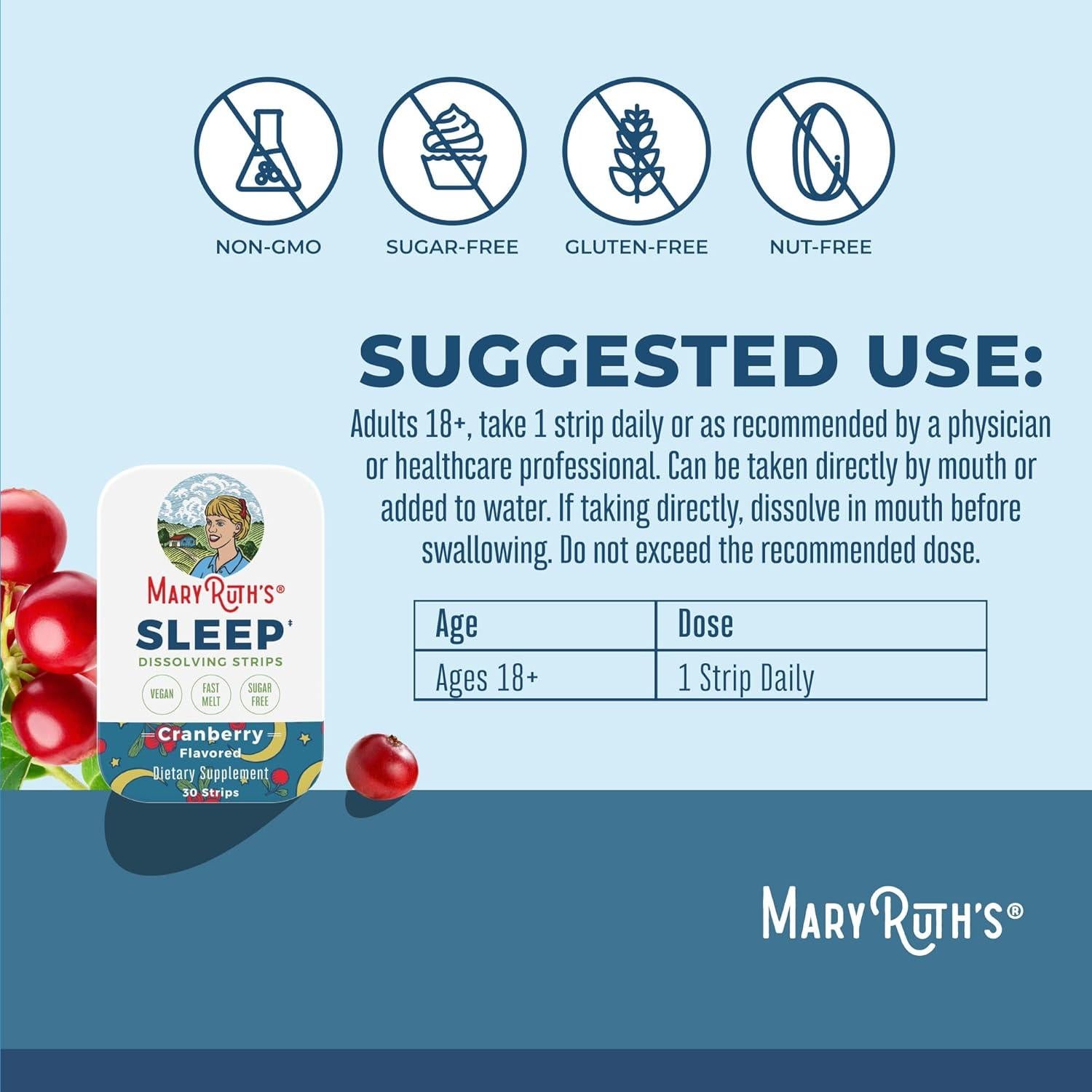Tiras Disolventes para Sueño MaryRuth's 30 Unidades 5mg Melatonina