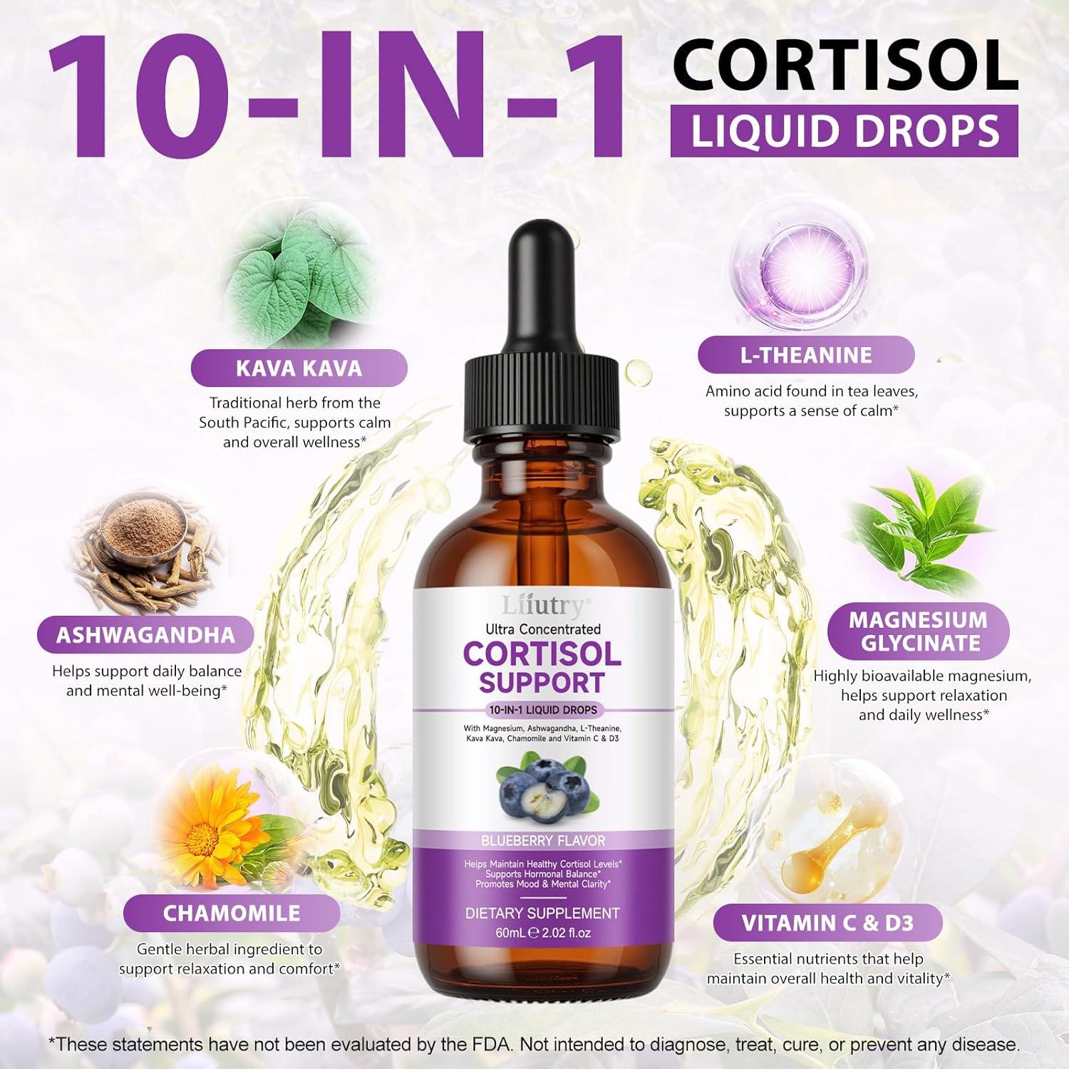 Suplemento de Cortisol Liiutry 10 en 1 - 60 ml, Magnesio y Ashwagandha