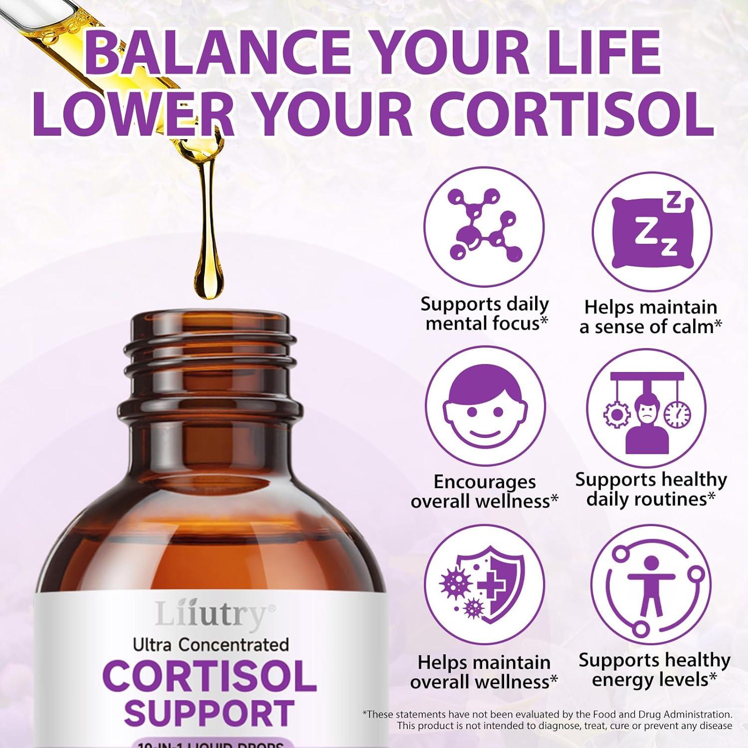 Suplemento de Cortisol Liiutry 10 en 1 - 60 ml, Magnesio y Ashwagandha