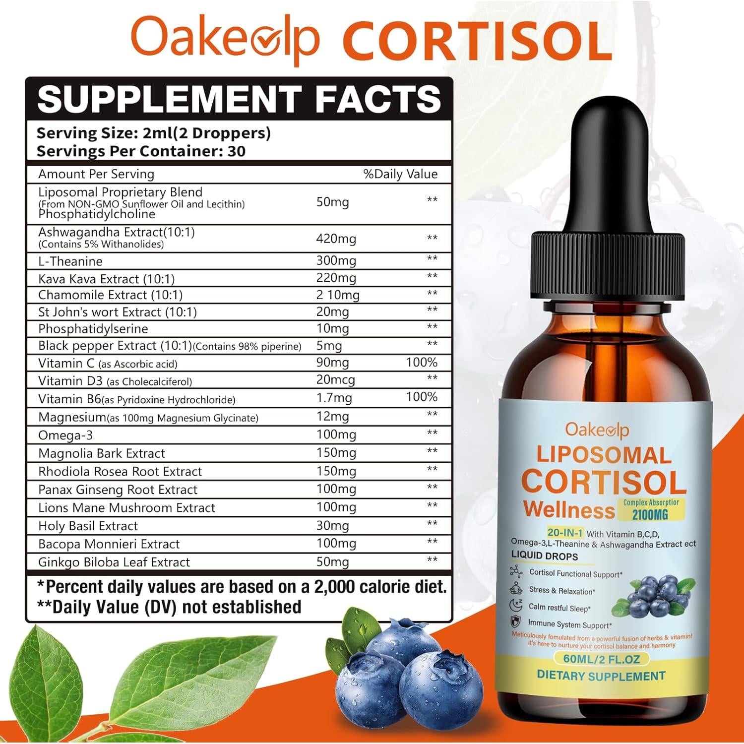 Suplemento Líquido de Cortisol Oakevlp 420mg - Ashwagandha, Magnesio