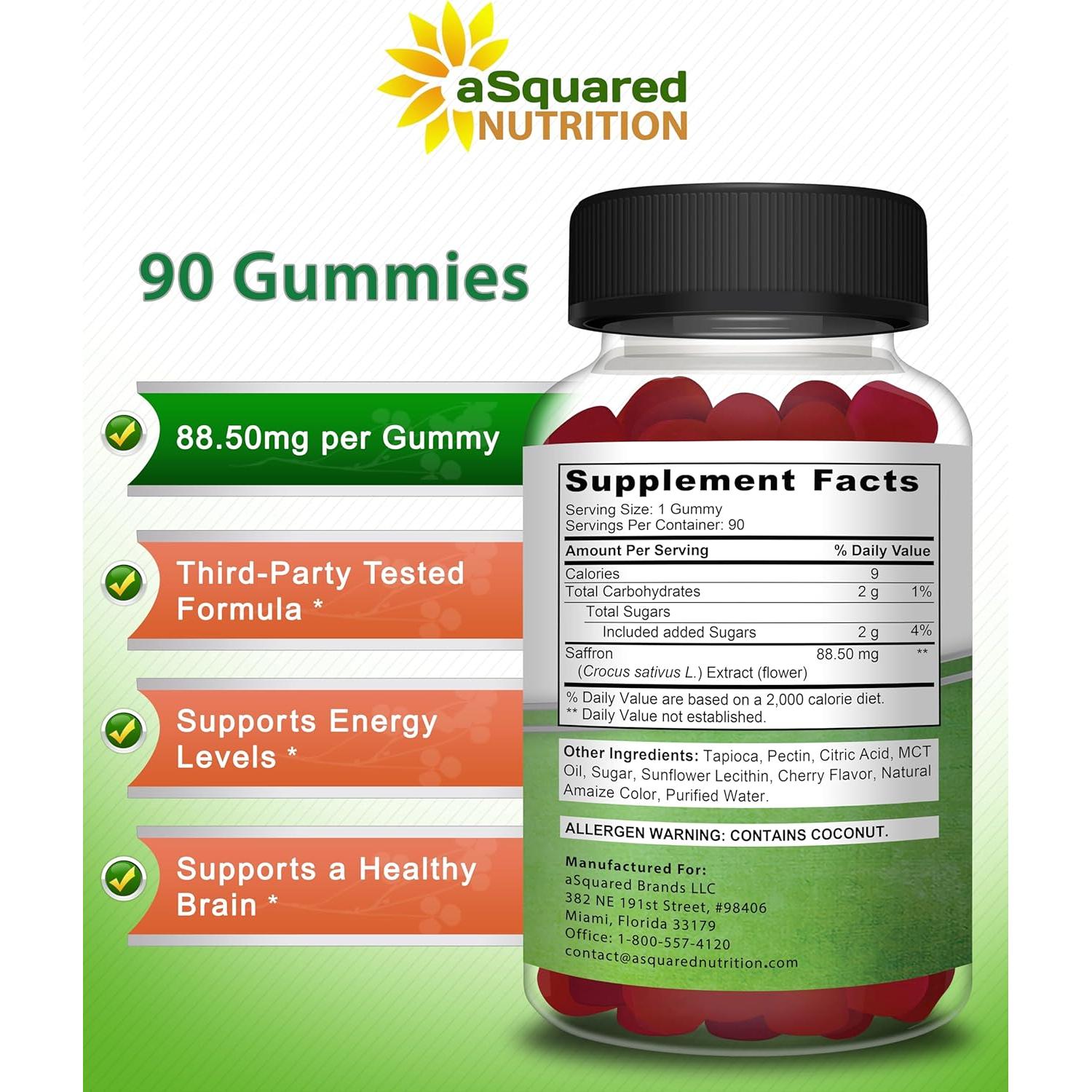 Gomitas de Azafrán aSquared Nutrition - 90 gomitas - 88.5mg