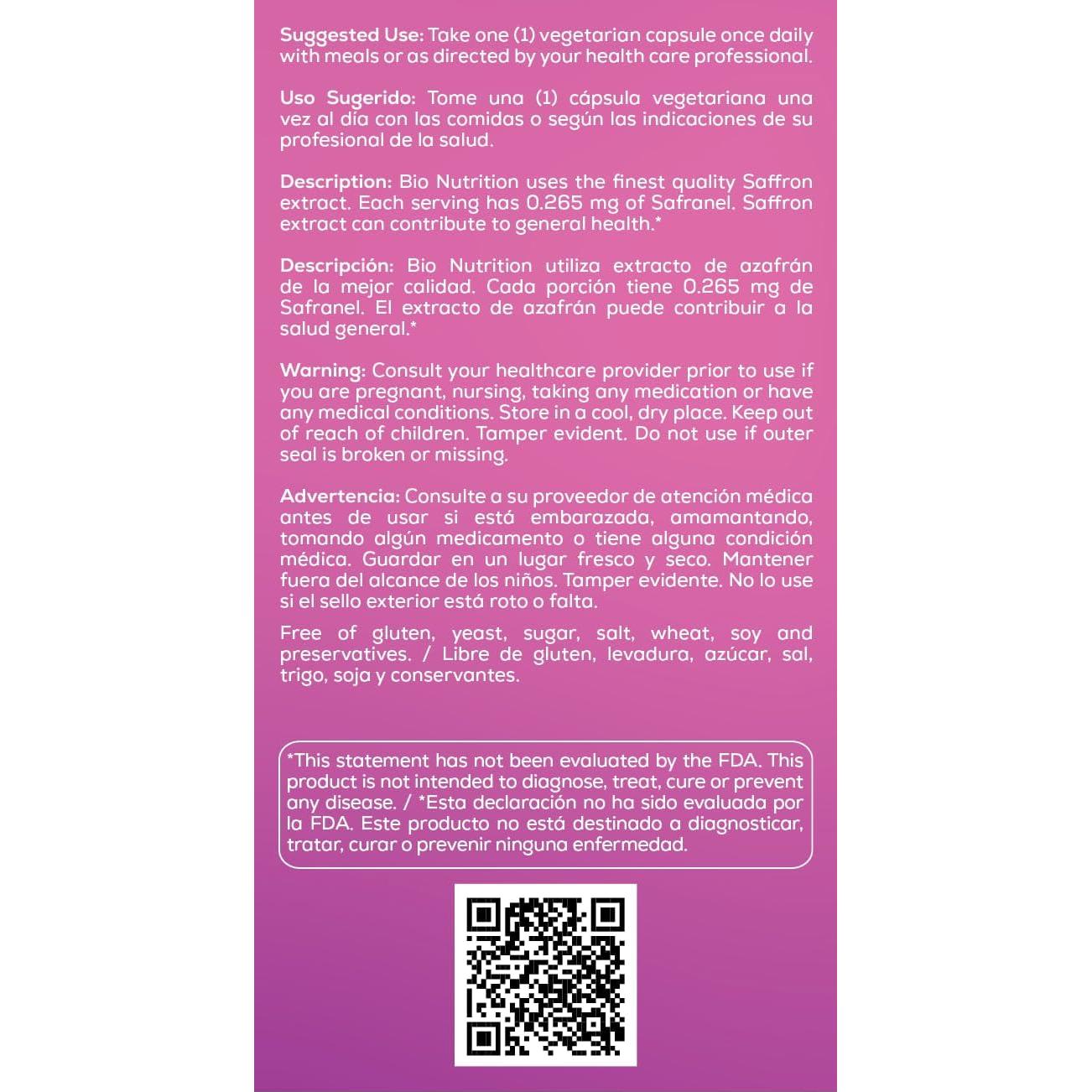 Cápsulas Veganas de Azafrán Bio Nutrition 50 Unidades