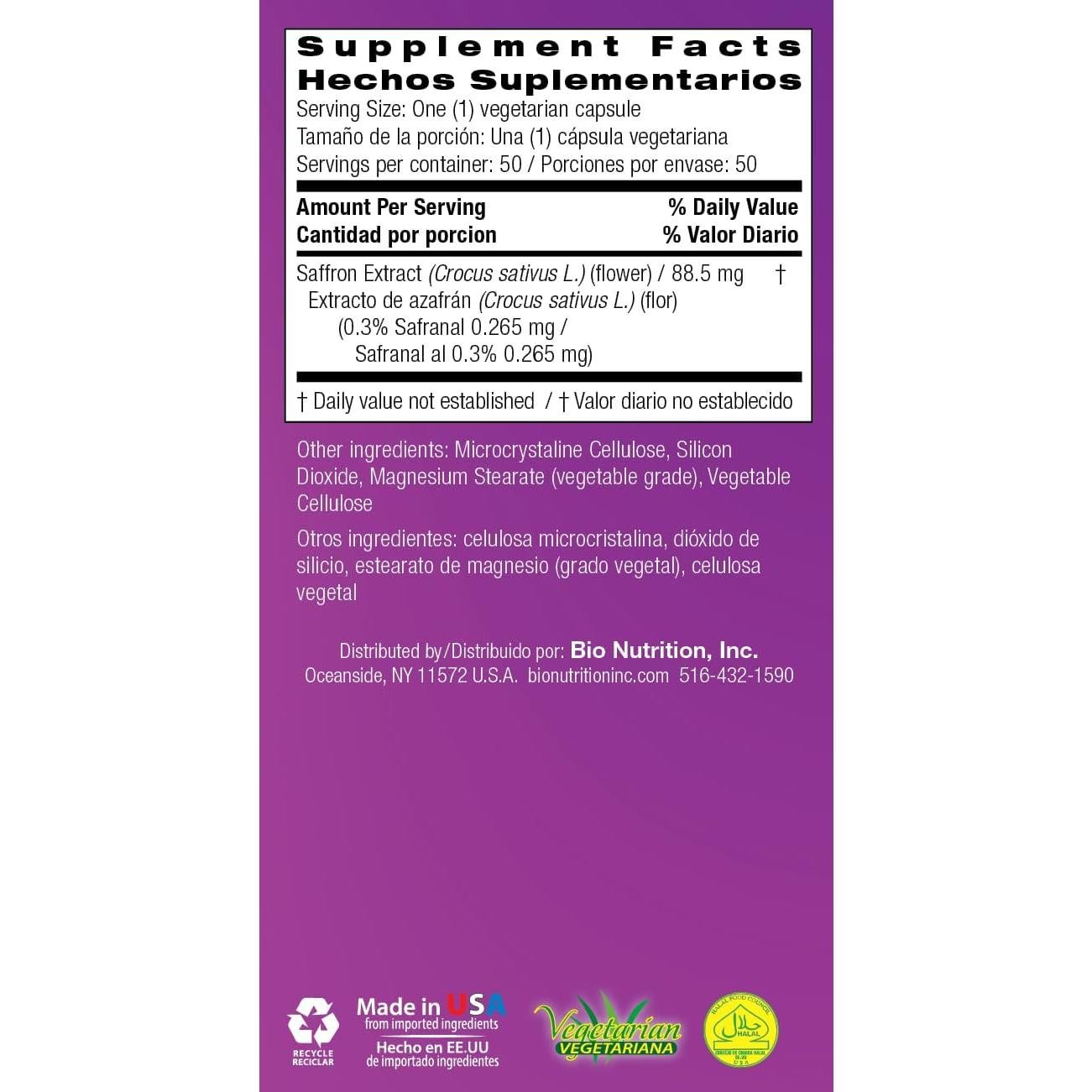 Cápsulas Veganas de Azafrán Bio Nutrition 50 Unidades