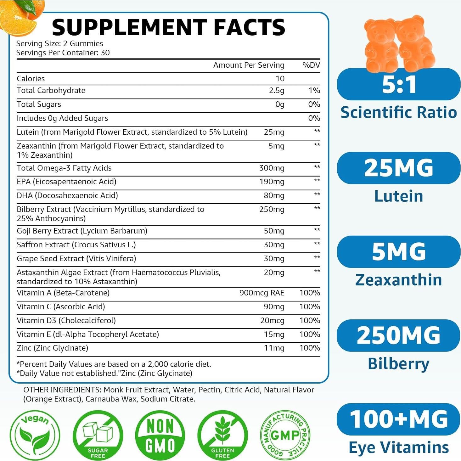 Gomitas de Luteína Sin Azúcar Flyrocer 120 Unidades Sabor Naranja