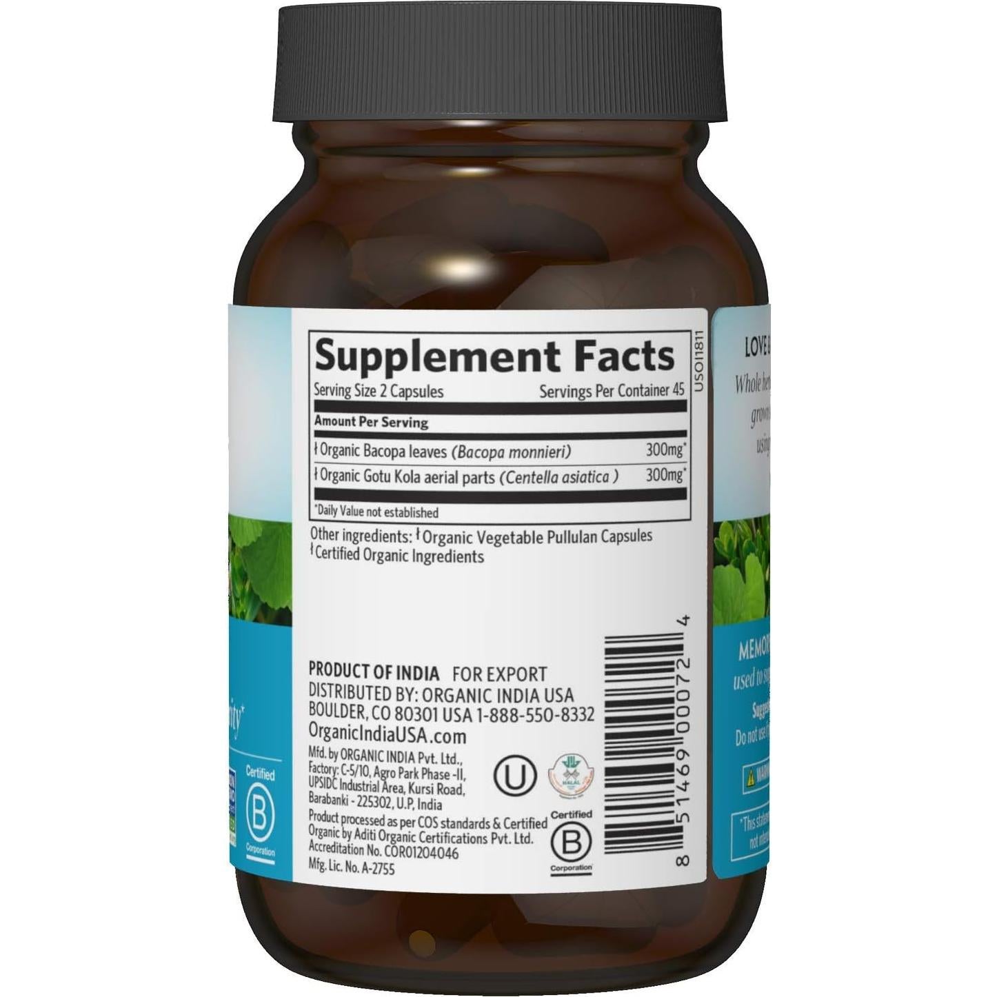 Suplemento Herbal Organic India Memory 90 Cápsulas Veganas