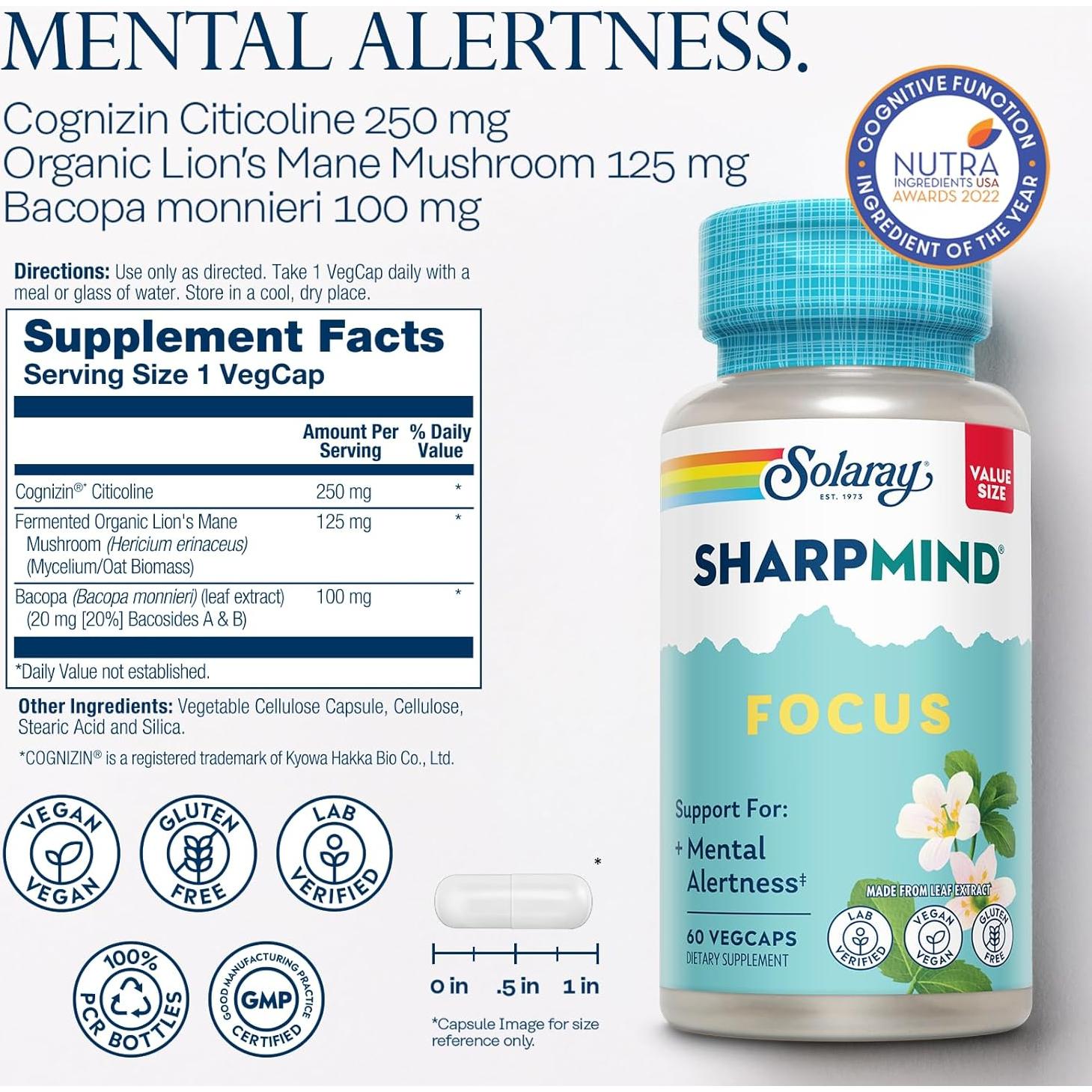 Suplemento Nootrópico Solaray SharpMind 60 Veg Caps 250 mg