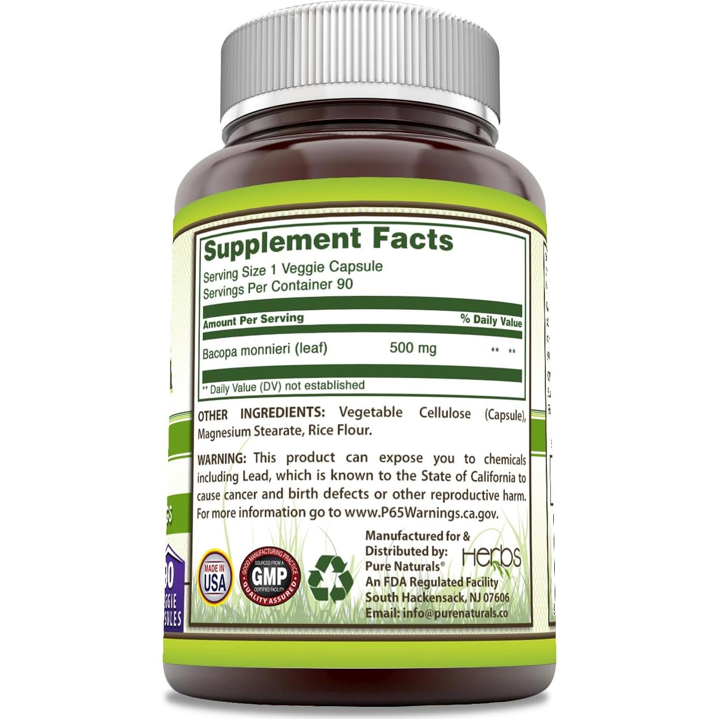 Suplemento Bacopa Pure Naturals 500 Mg 90 Cápsulas Vegetarianas