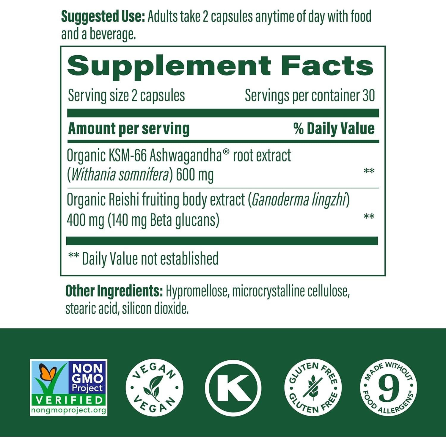 Suplemento de Hongo Reishi MegaFood - Alivio del Estrés Vegano - 60 Cápsulas