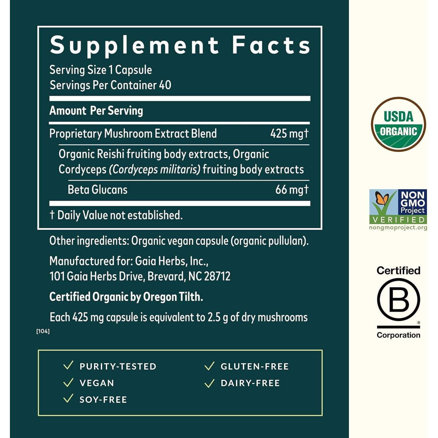 Suplemento Herbal Gaia Herbs Mezcla de Hongos 40 Cápsulas